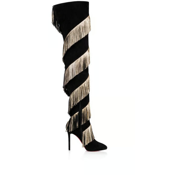 Christian Louboutin Bolcheva 120 Black Gold Fring Thigh High Knee Heel Boot 40.5 - Picture 9 of 12